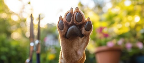 Macro image of a dog's raised paw showcasing unique coloring and grooming with dog nail clippers in an outdoor setting and empty space for text