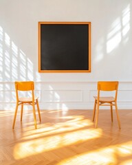 Mid-Century Modern Classroom Design Minimalist Wooden Chairs with Sunlit Chalkboard Wall - Academic Space Transformation and Structured Learning Ambiance for Educational Efficacy