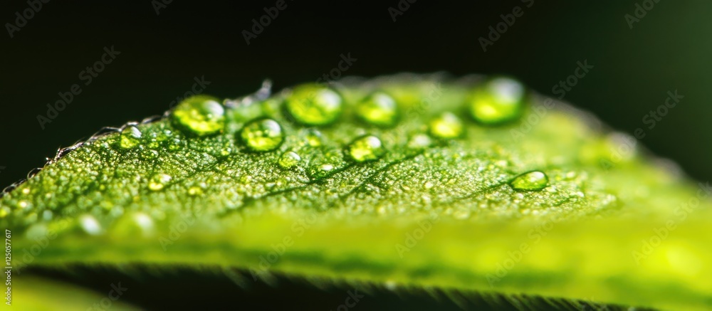 Poster close-up of dew droplets on a green leaf showcasing intricate details and textures against a blurred