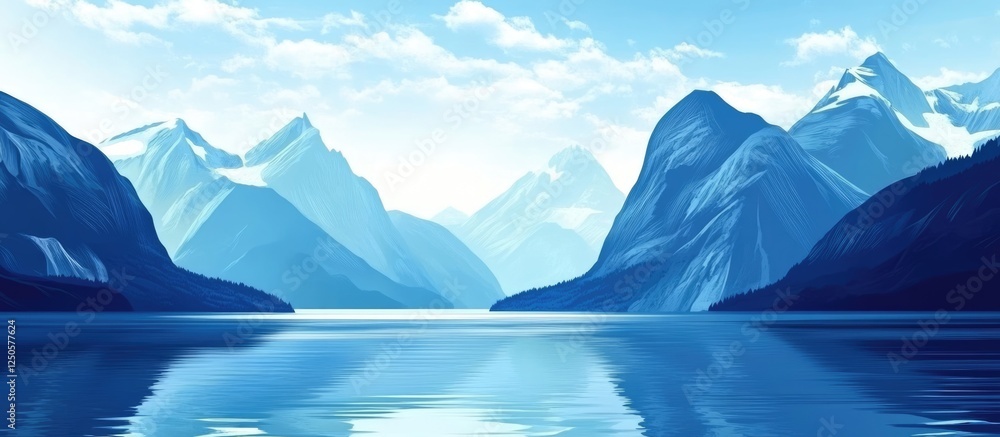 Poster tranquil fjord landscape featuring majestic mountains and a serene blue sky with ample empty space f