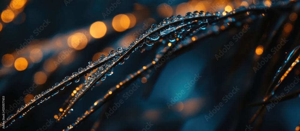 Poster macro photograph of dew-kissed grass blades capturing morning freshness with soft bokeh background a
