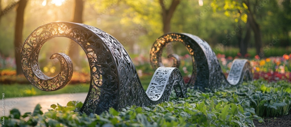 Poster decorative metal fence with intricate curls in a lush park setting illuminated by soft sunlight crea