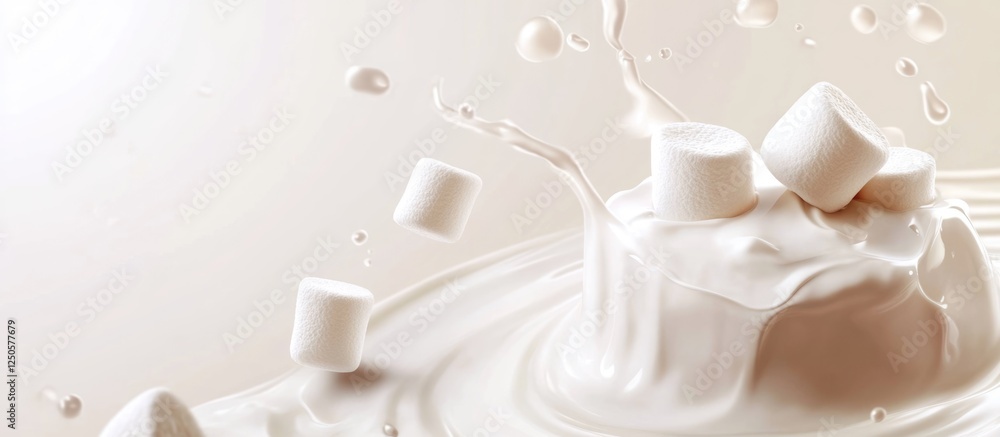Poster Milk yogurt covered marshmallows with splashes and empty space for promotional text or branding in a light background