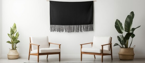 Minimalist living room with white armchairs, potted plants, and a stylish black wall hanging perfect for interior design advertisements