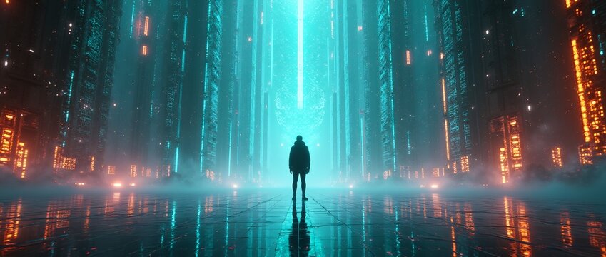 f a person standing at the center of a vast, digital metropolis. The individual is silhouetted against a dazzling backdrop of towering structures composed of flowing streams