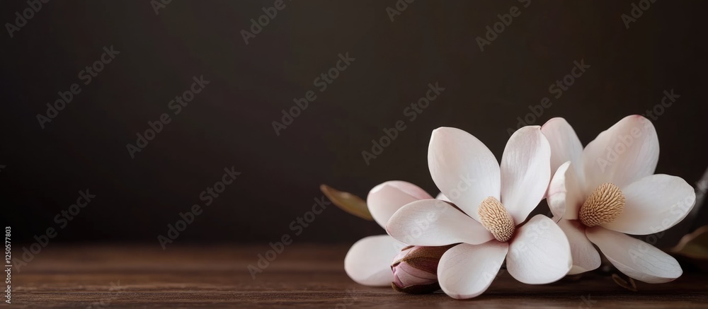 Poster magnolia flowers gently resting on a wooden table creating an elegant backdrop with empty space for 