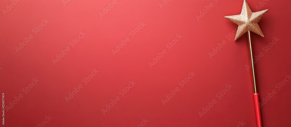 Poster magic wand and star on vibrant red background for enchanting creative and festive designs with ample