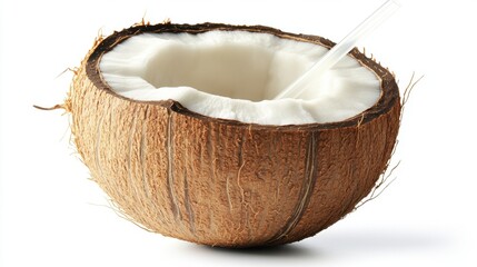 Fresh Coconut Half with Straw Showing Smooth White Flesh and Shell