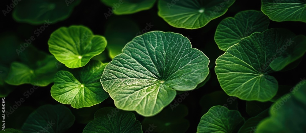 Aufkleber close-up of vibrant green leaves backlit by sunlight creating a natural backdrop with space for over