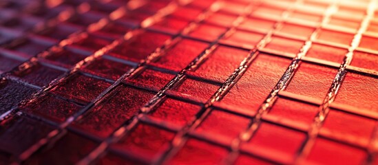 Textured metal grid with reflective properties over a vibrant red background creating an abstract design element for contemporary visuals.