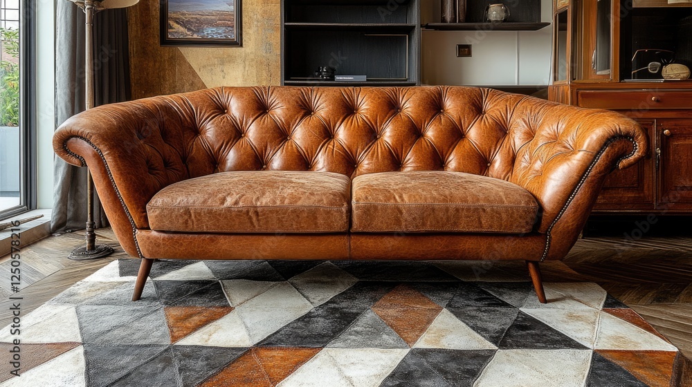 Poster stylish geometric carpet featuring textured triangle pattern complementing elegant leather sofa in m