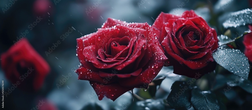 Poster close-up of fresh red roses with dew droplets on petals against a blurred background creating a roma