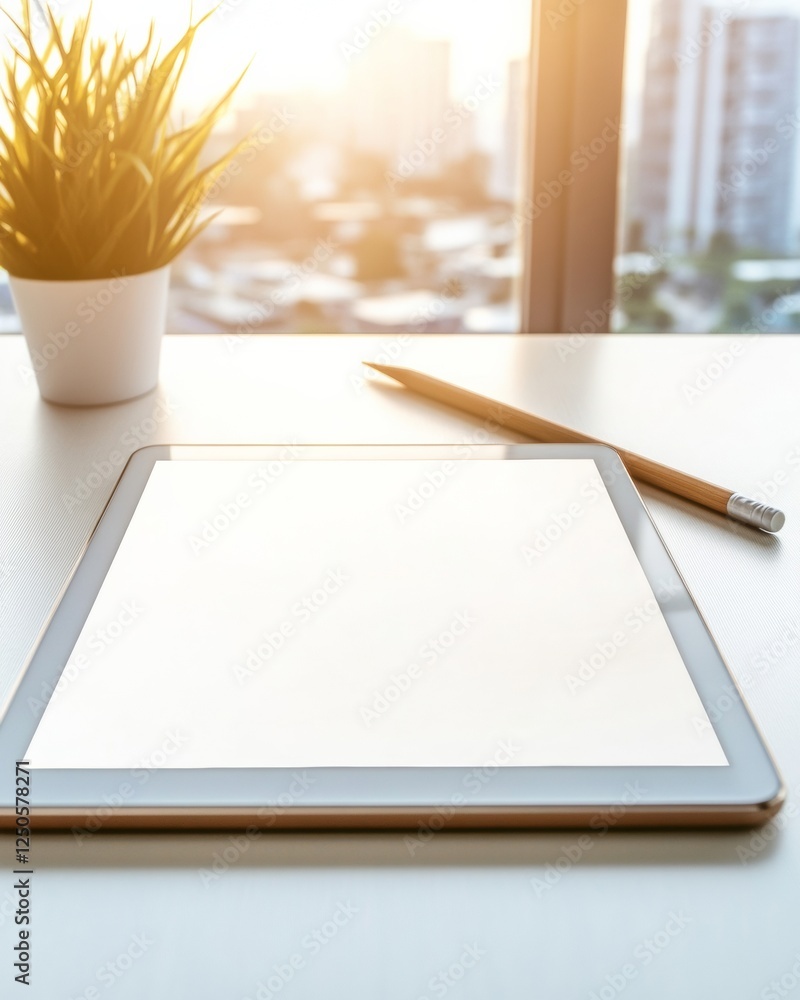 Aufkleber contemporary tech classroom aesthetic sleek tablet with wooden stylus on white desk - enhancing digi