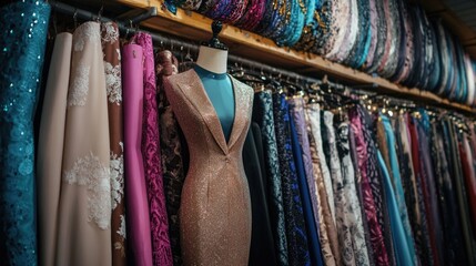 Male Fashion Designer in Fabric Storage Room with Elegant Evening Dress Displayed on Mannequin Surrounded by Colorful Fabrics Fashion Concept