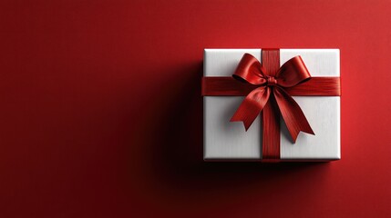 A closed gift box with a smooth, white exterior adorned with a large,