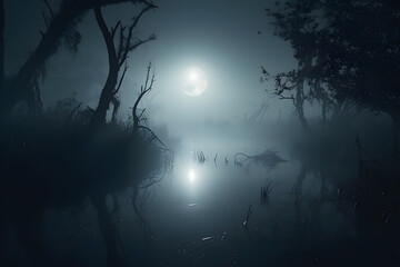 Fototapeta premium Misty Midnight Lake Reflecting the Moonlight in Serene Solitude
