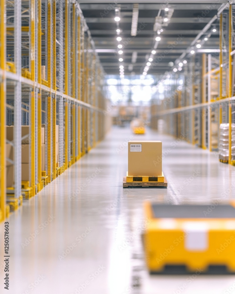 Aufkleber warehouse automation smart robotics in modern logistics facility with cardboard package on yellow pa