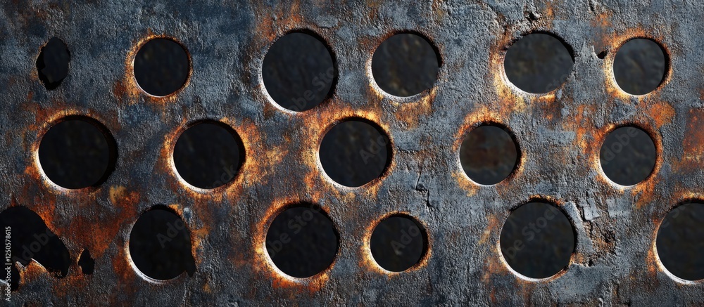 Poster rusty metal surface featuring multiple circular holes creating an industrial textured background sui