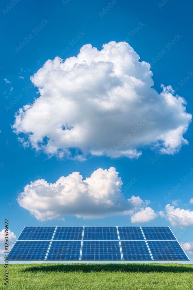 Poster contemporary solar panel field voltaic array on verdant grass with cloud-filled sky - sustainable en