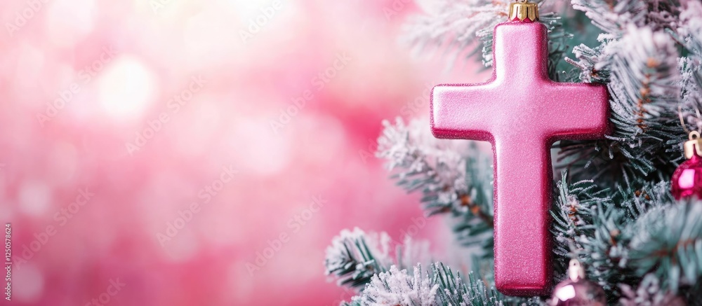 Poster magic pink cross ornament on a decorated christmas tree with soft focus background and customizable 