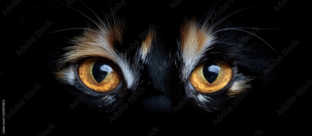 Poster calico cat eyes macro with striking detail and negative space for text in dark background