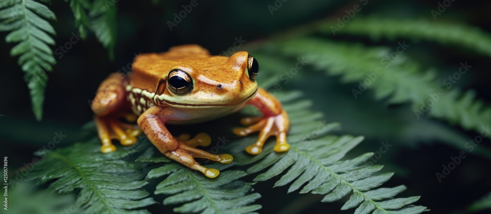 Poster Detailed macro shot of a frog resting on vibrant fern leaves at night with ample space for adding text or branding elements.