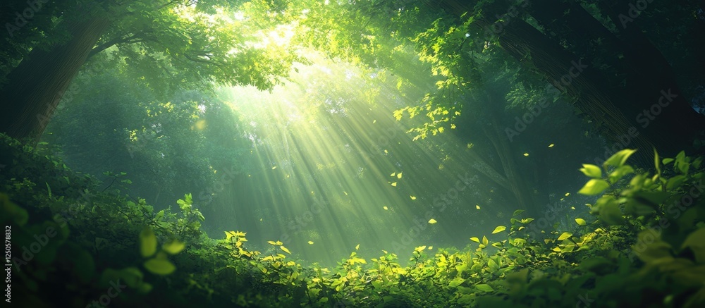 Poster sunlight filtering through lush trees creating a serene forest ambiance with vibrant green foliage a