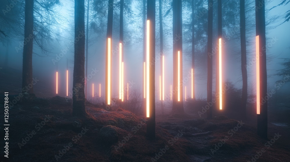 Poster luminous vertical light tubes in foggy forest creating a surreal atmosphere of innovation and techno