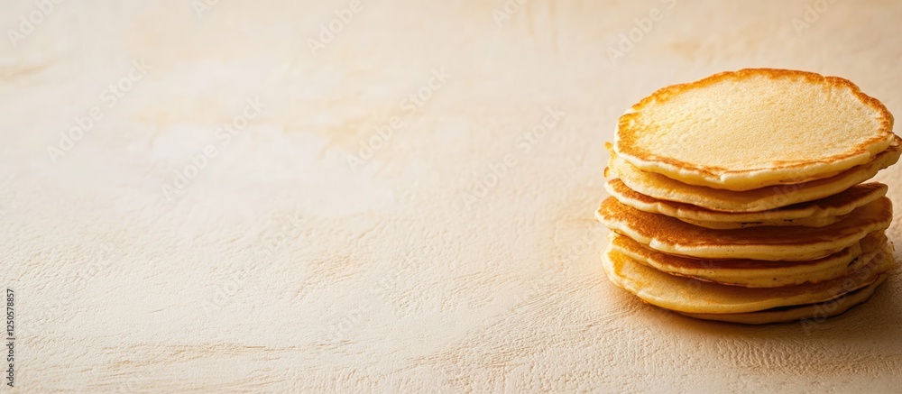 Poster stack of fluffy mini pancakes with a rustic background and ample empty space for text, perfect for f