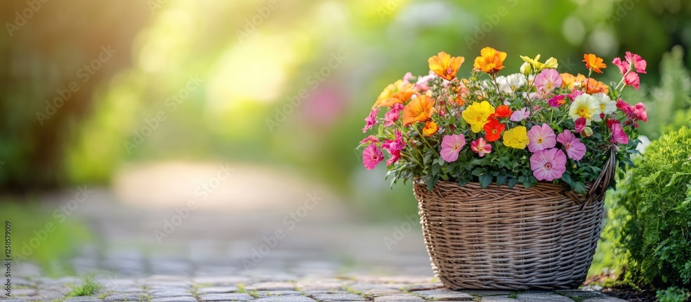 Poster lush garden trug overflowing with vibrant flowers in a serene setting with space for text and a soft