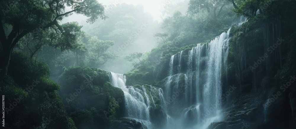Poster serene overgrown waterfall cascading through lush forest mountains with ample empty space for text a