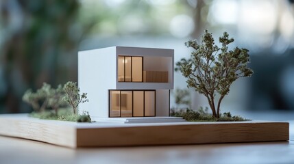 Miniature house model on wooden surface showcasing modern architectural design for real estate market update and promotional content.