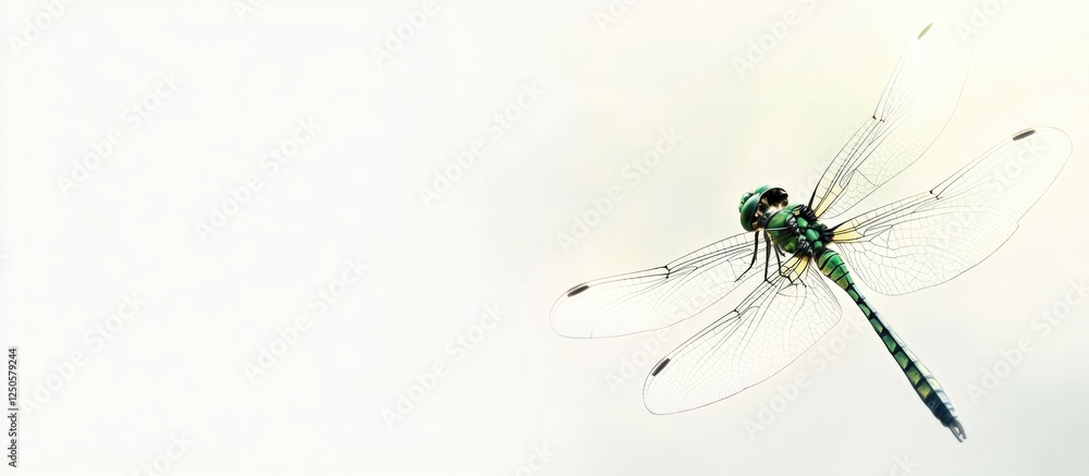 Poster macro photo of a vibrant green dragonfly perched elegantly against a soft neutral background ideal f