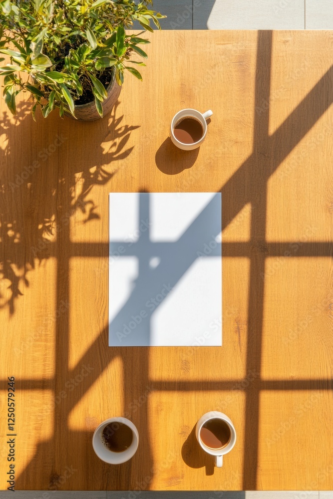 Aufkleber nordic minimalism sunlit wood table with blank paper and coffee cups, team collaboration imagery for
