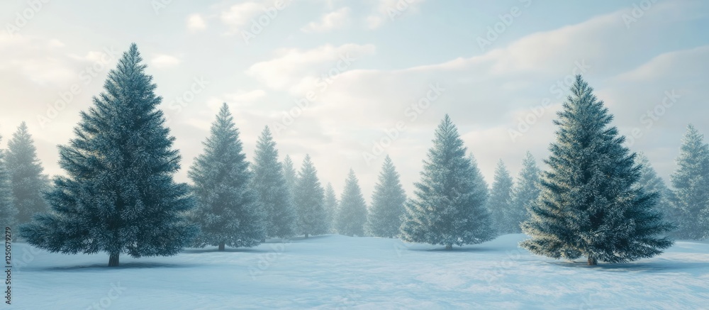 Poster serene winter pine tree forest landscape with soft light and empty space for text or overlay design
