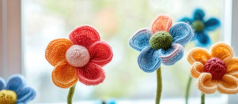 Colorful knitted wool flowers with vibrant hues displayed against a blurred window background showcasing craftsmanship and creativity.