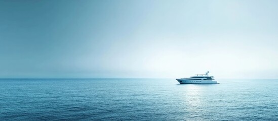 Luxury yacht sailing on tranquil blue ocean with spacious area for text and branding in serene coastal landscape