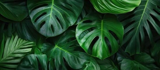 Obraz premium Lush Green Leaves Backdrop with Raindrops Ideal for Text Placement in a Rainforest Atmosphere