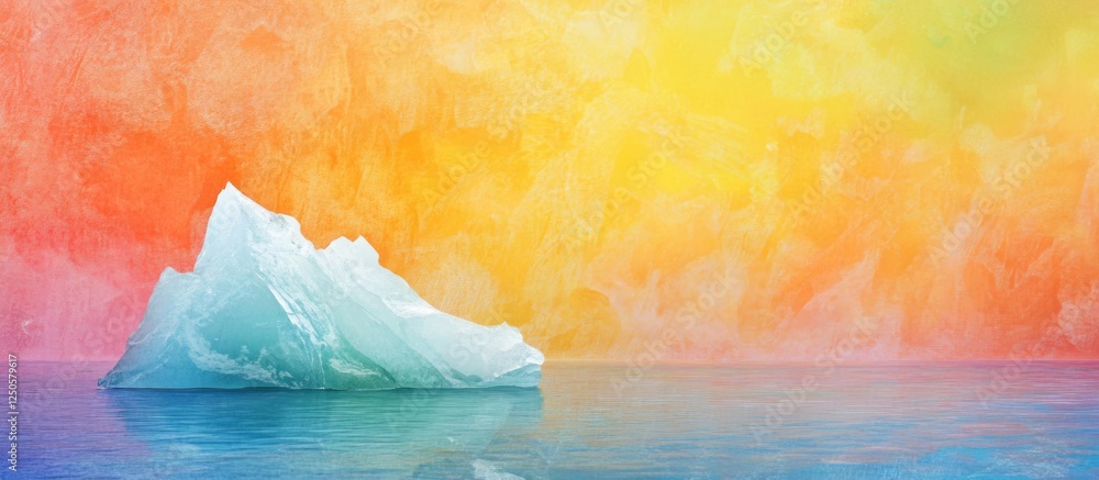 Poster vibrant ocean scene with a majestic iceberg illuminated by colorful hues and ample blank space for y