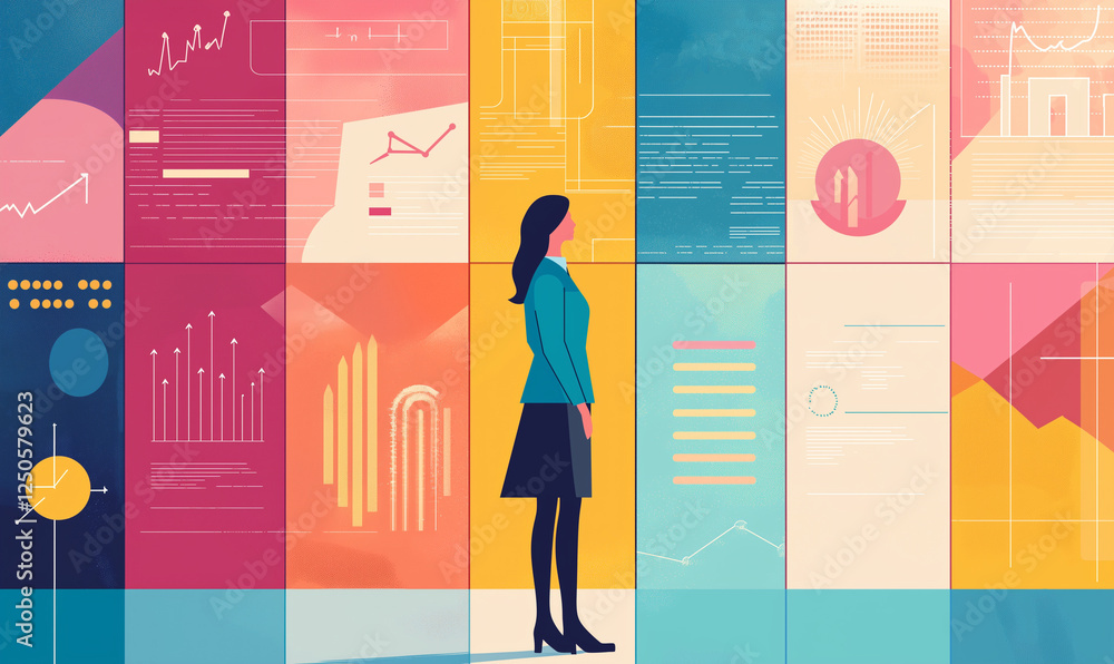 Aufkleber a woman stands thoughtfully before colorful data visualizations and graphs, representing analysis an