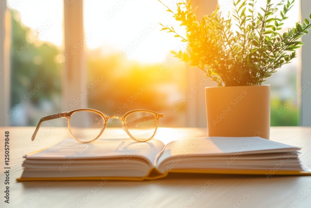 Aufkleber sunlit minimalist desk setup open handbook with reading glasses and potted plant - modern office aes