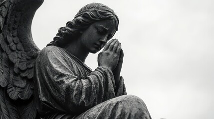 Praying Angel Statue Black and White Photography