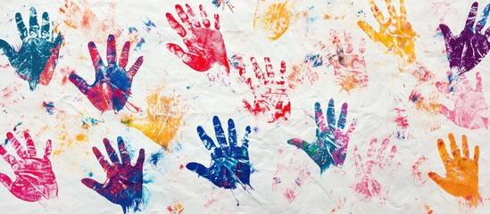 Colorful handprints on white paper creating a vibrant and artistic display of creativity and childhood expression.