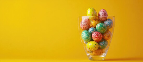Colorful Easter eggs arranged in a glass cup on a vibrant yellow background with ample copy space for festive promotions or greetings.