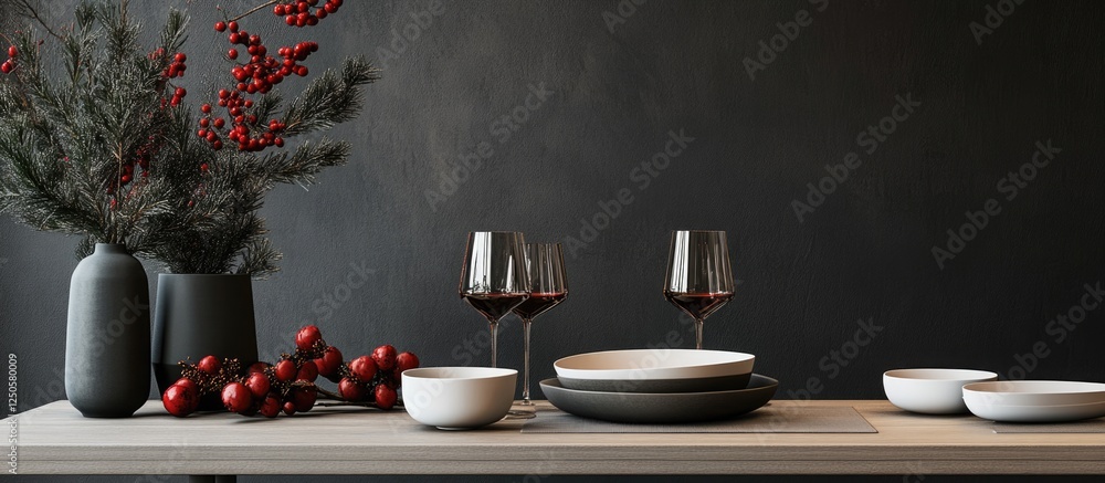 Poster modern minimalist holiday table decor with red accents and empty space for text in sophisticated din
