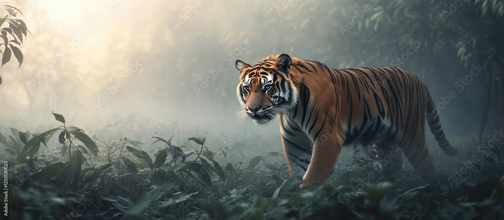 Poster majestic tiger walking through a foggy dense forest with mist and ample empty space for text or grap