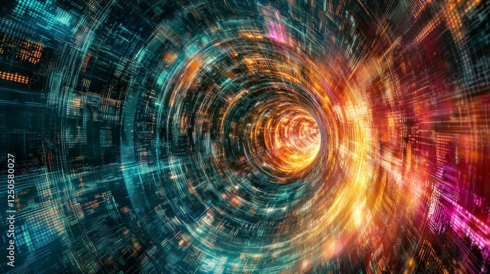 Poster merging neoncolored data streams digital realm visual art virtual environment abstract viewpoint fut