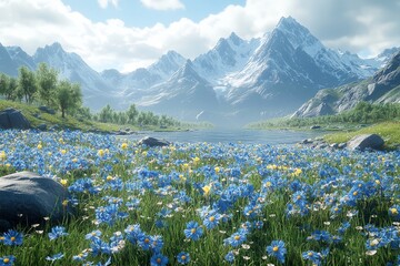 A wide shot of rocks and grass with blue wildflowers, mountains in the background, Unreal Engine video game style.