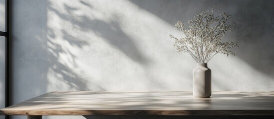 Minimalist interior scene featuring a simple table and vase with dried flowers showcasing ample space for text and natural light shadows