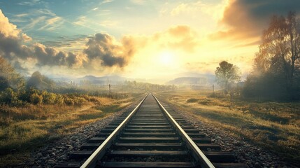 Fototapeta premium Scenic Railway Tracks at Sunrise with Lush Greenery and Dramatic Clouds in Tranquil Landscape